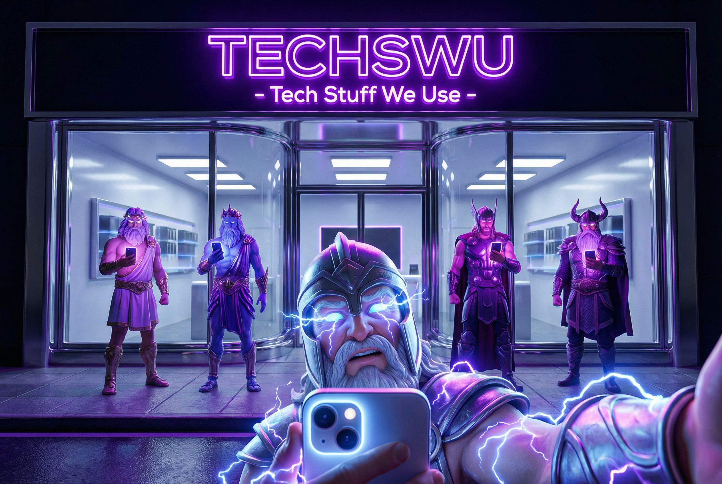 Ancient Gods of Technology A captivating, futuristic 3D render of the TECHSWU store, illuminated by a striking light purple sign bearing the catchy slogan "Tech Stuff We Use". The sleek, contemporary exterior blazes with neon light as Zeus, Poseidon, Thor