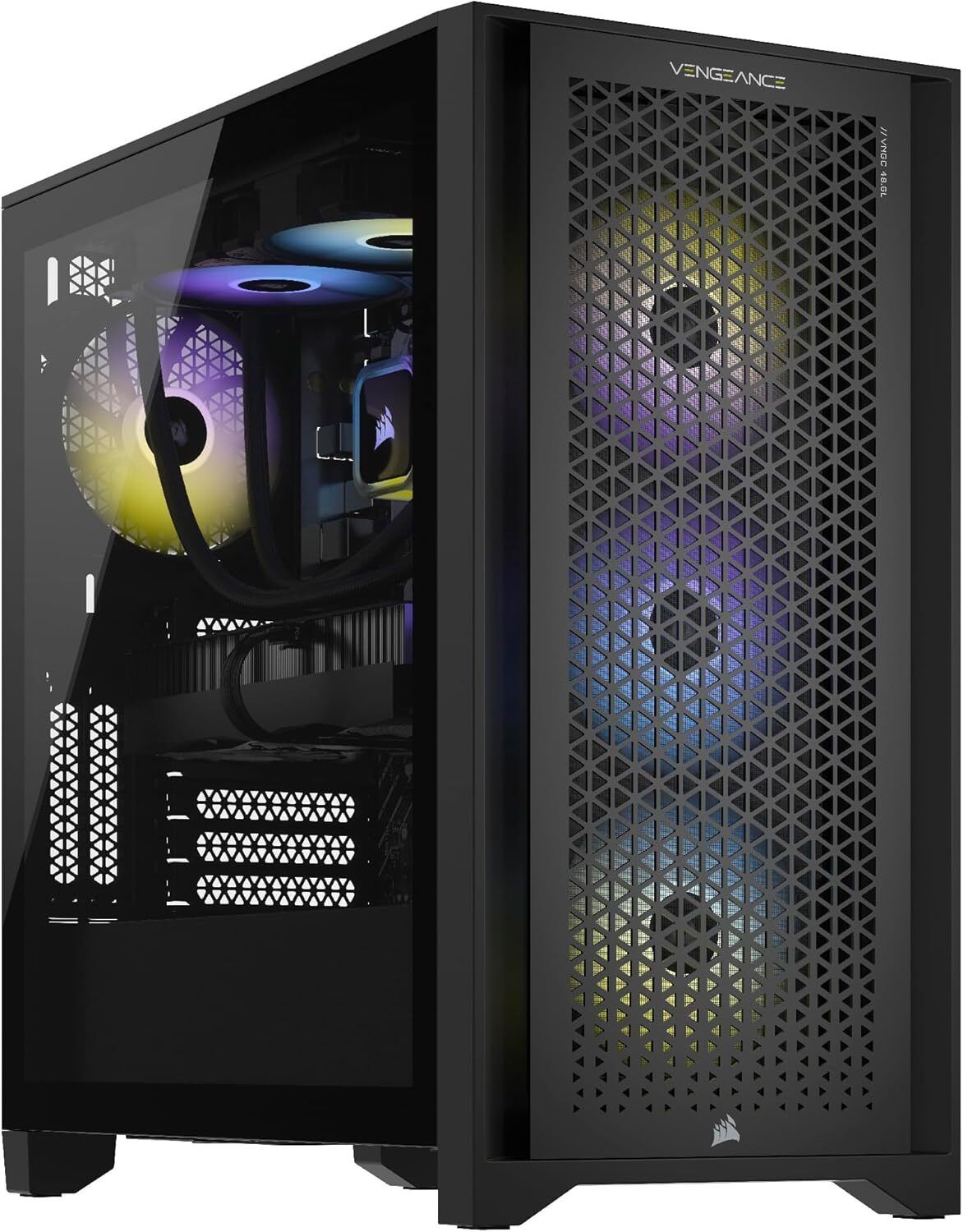 Corsair Vengeance i7400 – The Speed King A high-performance gaming tower with liquid cooling tubes and RGB fans glowing behind a mesh case, paired with a triple-monitor esports-ready setup.