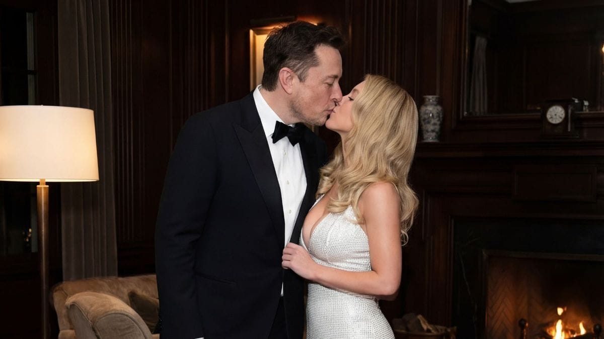 A white man wearing a tuxedo and white woman wearing a white dress appear to kiss.