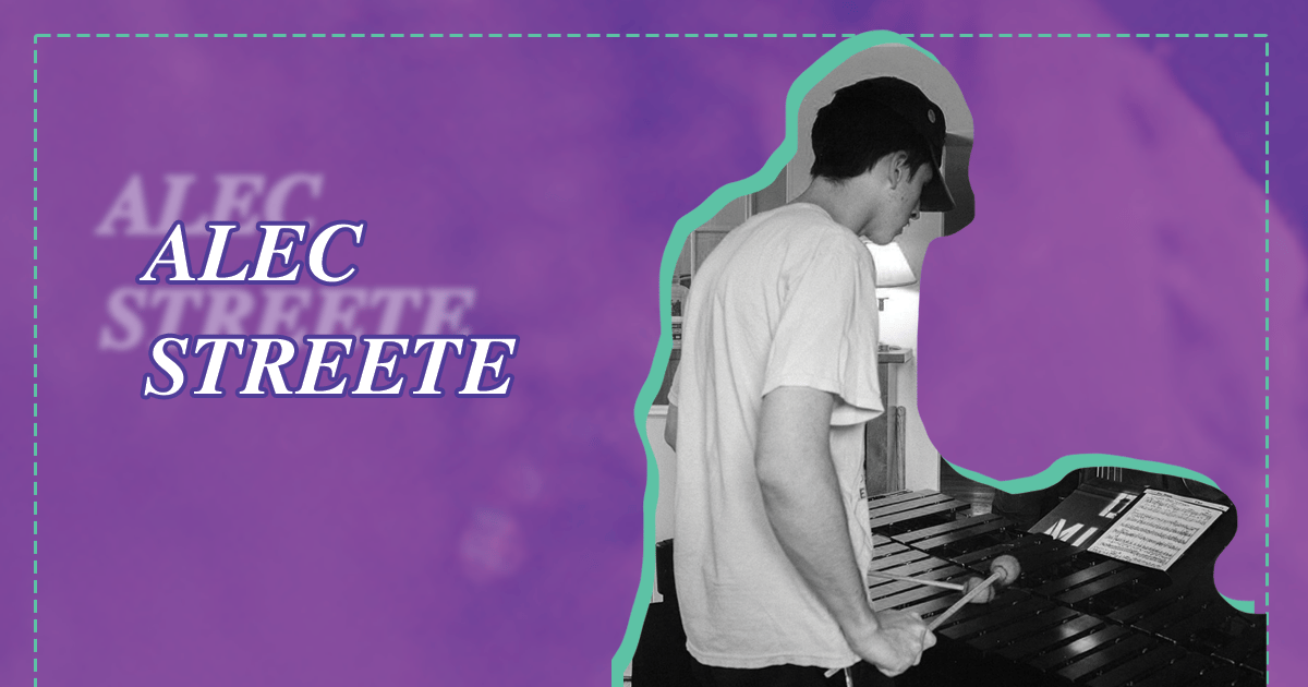 purple background, black and white photo on top of man playing vibraphone. white text that says ALEC STREETE.