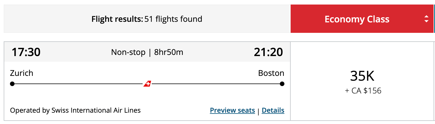 Zurich to Boston for 35,000 Aeroplan points