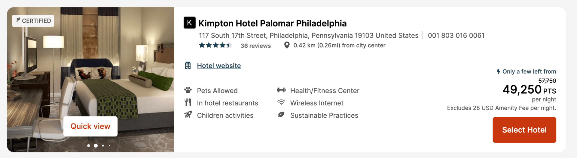 Kimpton Philadelphia for 49,250 points per night