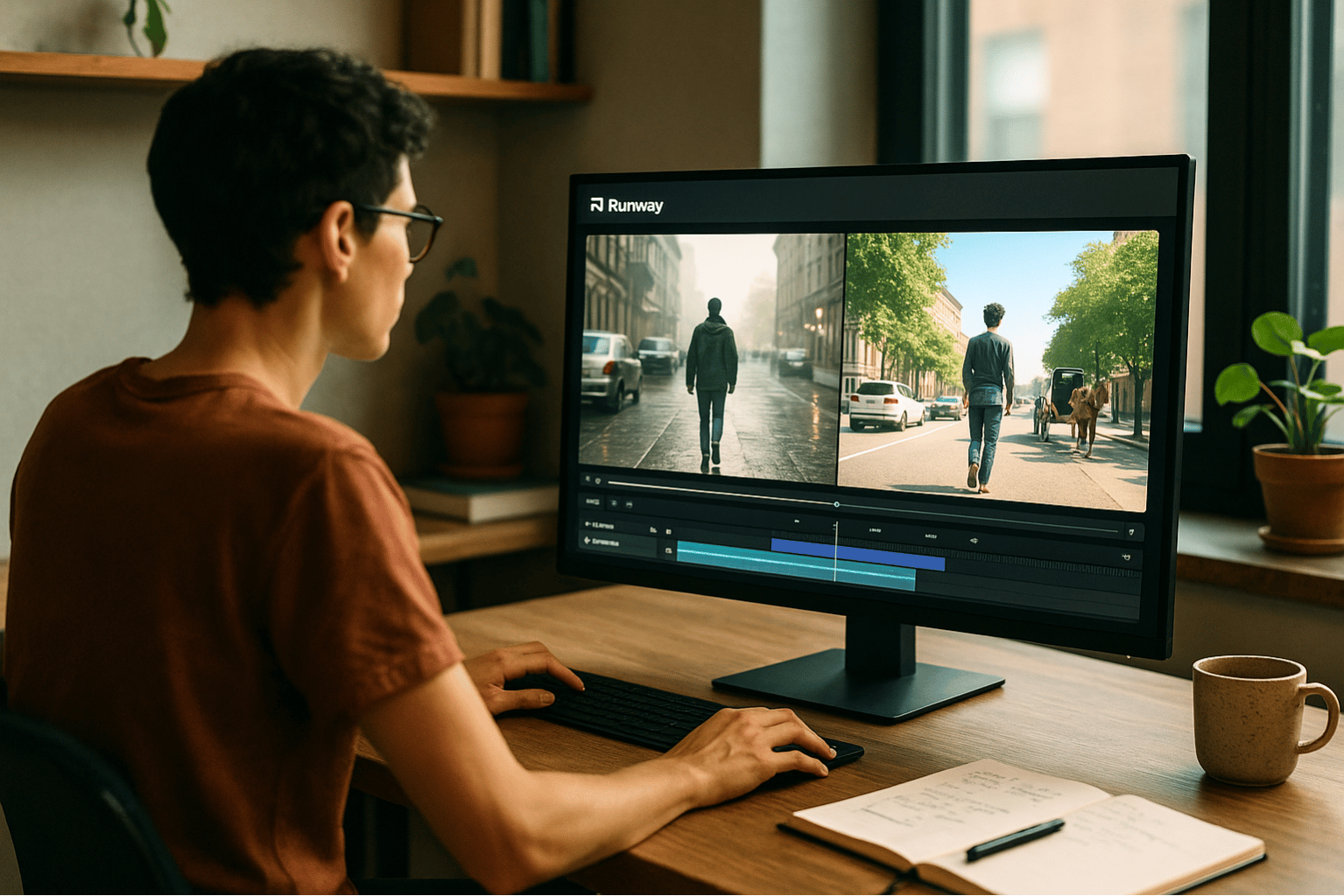 A video creator sits at a desk in a home studio, editing footage on a widescreen monitor using Runway’s Aleph model. The screen displays a before-and-after comparison: on the left, a cloudy urban street with cars and a person walking away from the camera; on the right, the same scene transformed into a sunny day with a horse-drawn carriage replacing the cars. The workspace includes a notebook with handwritten notes, a ceramic mug, and potted plants, reflecting a modern, creative environment.