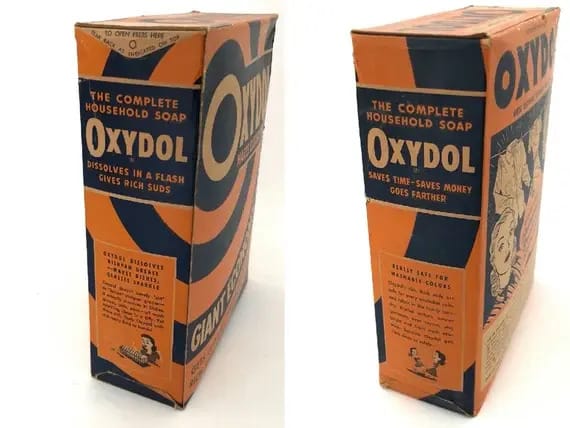 Two vintage orange-and-blue boxes of Oxydol The Complete Household Soap