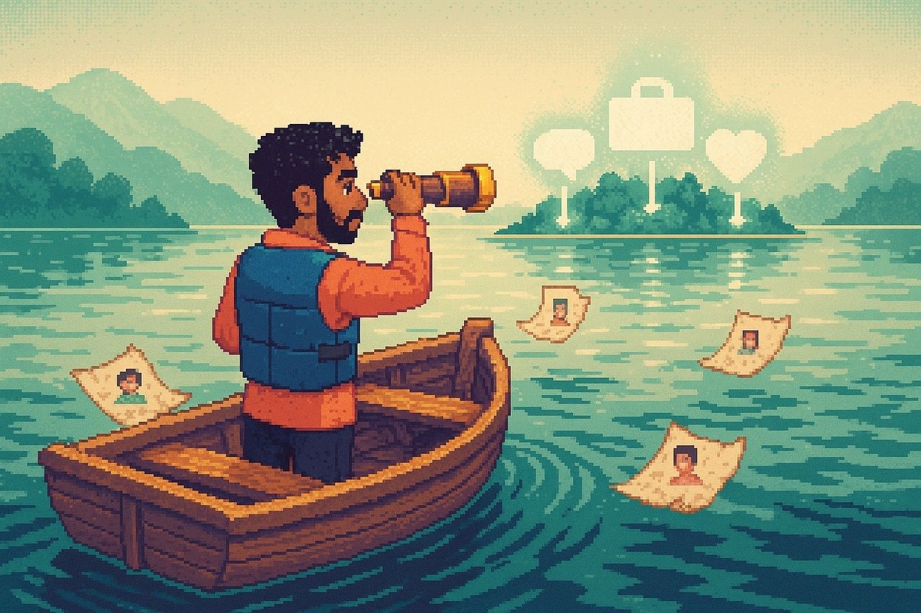 A man stands in a rowboat with a small telescope, looking at an island. It has 3 icons floating above it: a chat bubble, a briefcase, and a heart. Floating in the water around his boat, there are images of people on pieces of paper.