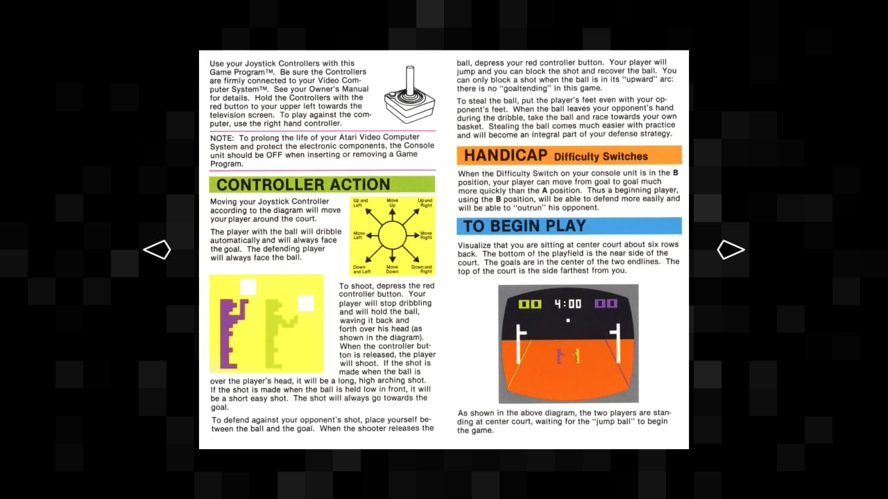 The interior pages for the manual to Atari VCS game Basketball, which shows through screenshots and diagrams how you use the joystick controller to move, and what it looks like when you're holding down the shot button.