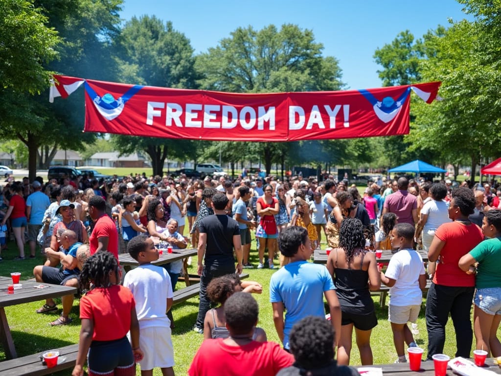 A diverse group of people at a Juneteenth parade honoring Black history