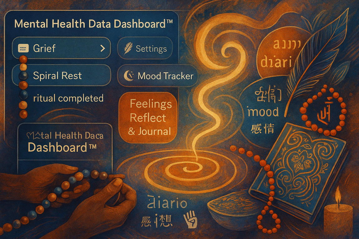 A hybrid interface where beads, feathers, journal prompts, and cultural language appear inside a digital dashboard environment.