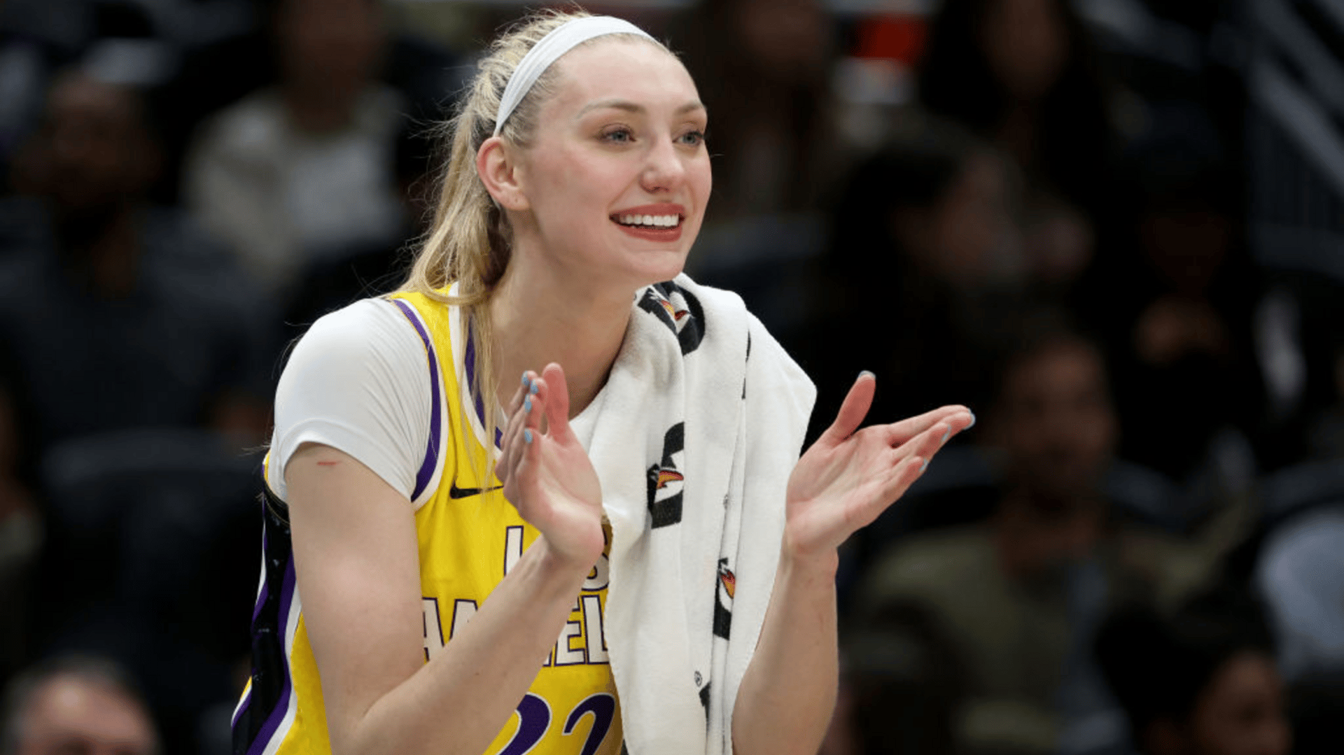 Cameron Brink #22 of the Los Angeles Sparks reacts during the third quarter against the Seattle Storm