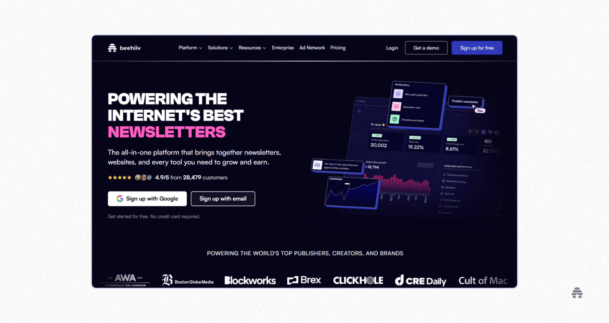 beehiiv homepage highlighting “Powering the Internet’s Best Newsletters” with sign-up buttons and dashboard analytics preview. The page promotes beehiiv’s all-in-one platform for creators to build, grow, and monetize newsletters.