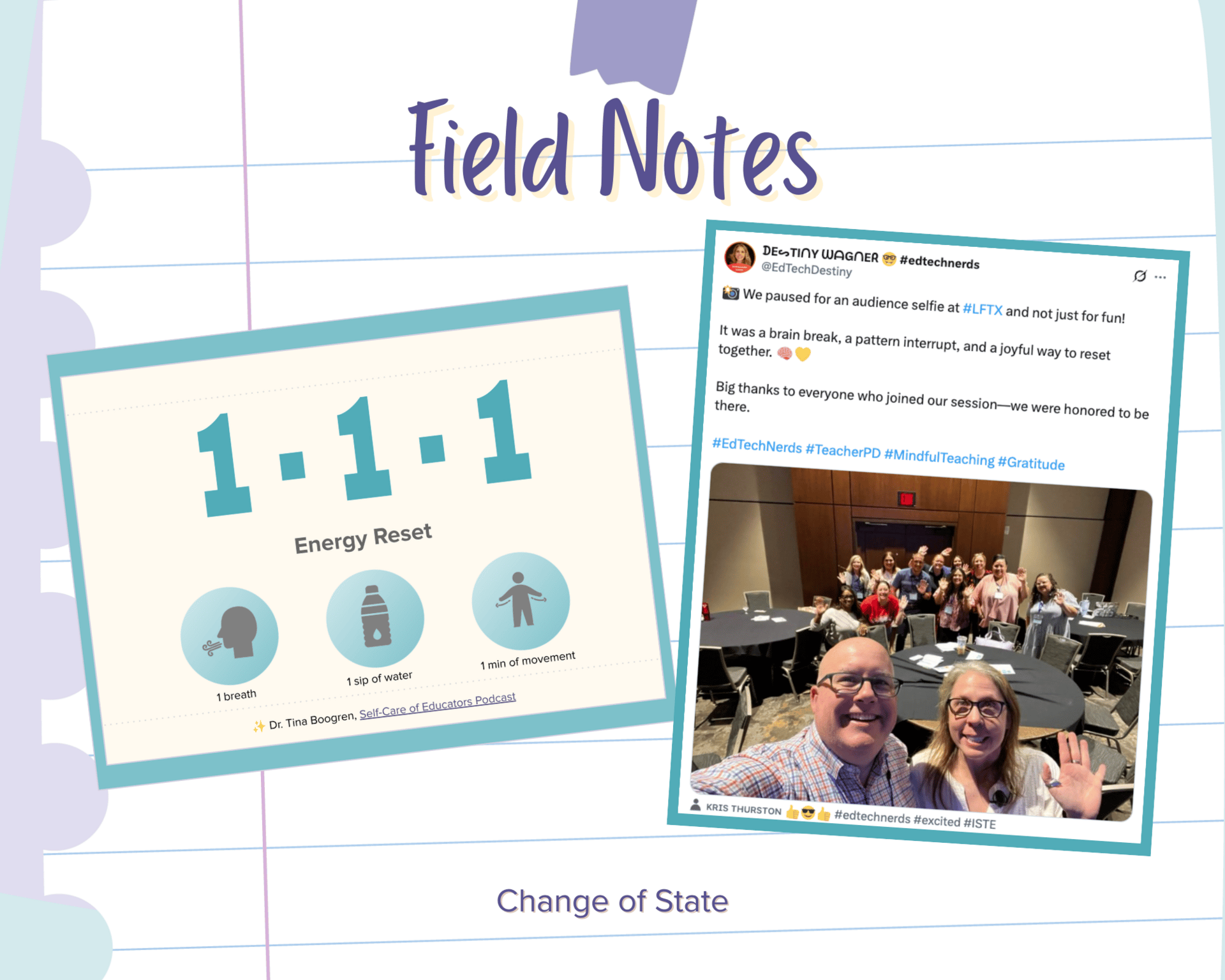 Slide that shows the 1-1-1 Energy Reset, plus photos of EdTech Nerds Session selfie (from a tweet)
