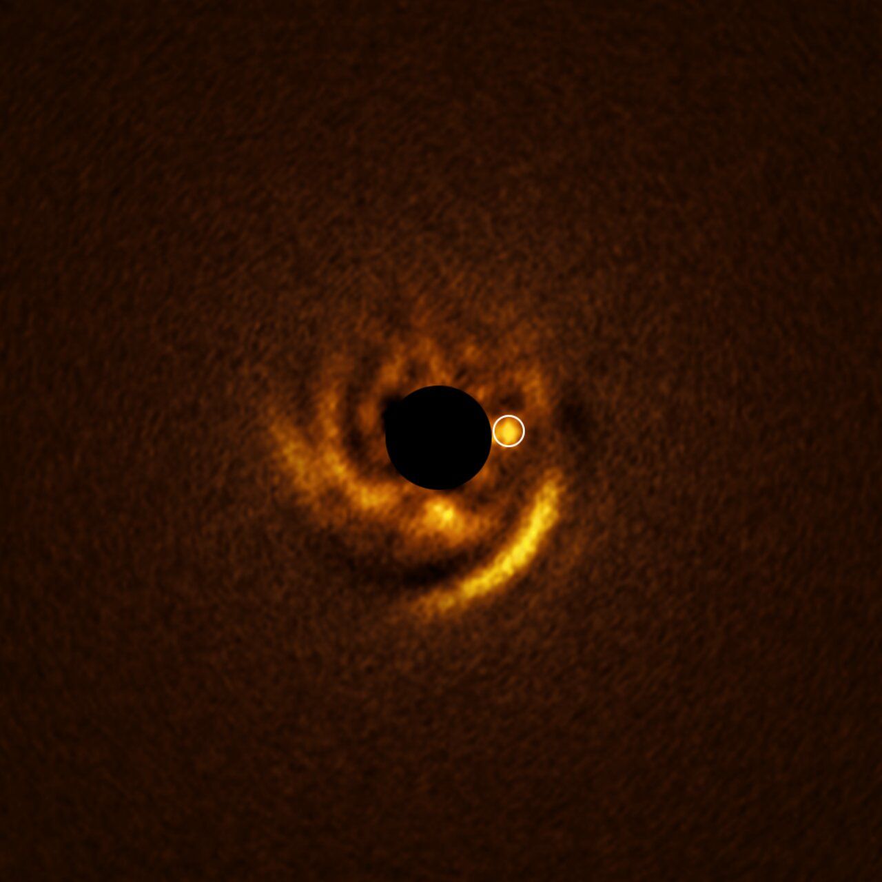 Astronomers using ESO’s Very Large Telescope have identified a planet candidate embedded within the spiral arms of the protoplanetary disc surrounding HD 135344B, a young star 440 light-years away. The detection, made with the Enhanced Resolution Imager and Spectrograph (ERIS) instrument, marks the first time a planet has been directly observed shaping such spirals—long theorized to result from planetary formation. Estimated at twice Jupiter’s mass, the object appears to be actively sculpting its environment, offering rare insight into early planet formation. (Credit: ESO/F. Maio et al.)