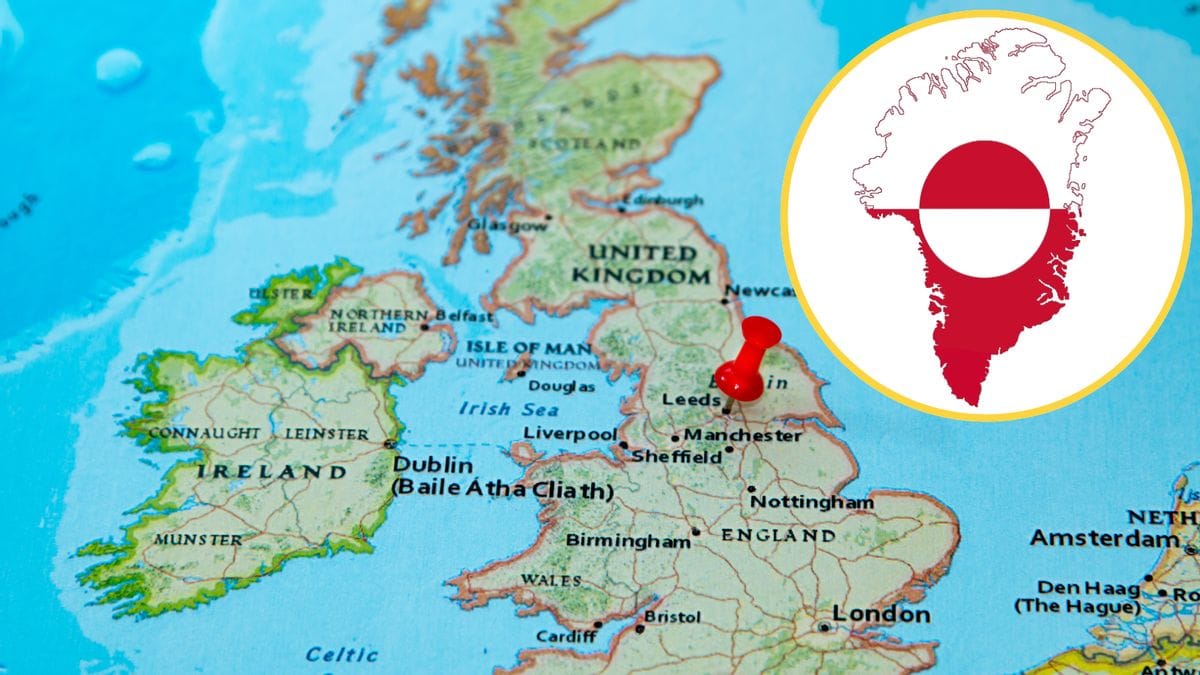 A map of the UK is shown next to an insert of a map of Greenland. The Greenland map shows an outline of the country with a circle inside it. The top half of the map is white with the circle red, while the bottom Half is red with the circle white.