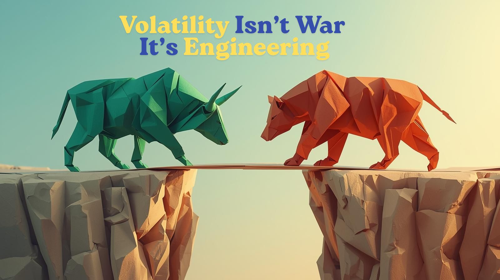 An emerald green origami bull and a terracotta origami bear working together to build a bridge across a gap, symbolising resilience and cooperation during volatile markets 