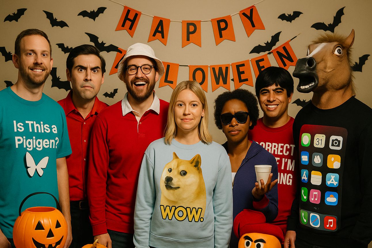 A group of seven adults dressed in meme-inspired Halloween costumes stands in front of a wall decorated with black bats and an orange "HAPPY HALLOWEEN" banner. Outfits include a Doge sweatshirt, an “Is This a Pigeon?” shirt, a retro TV character in red, a horse mask, and a smartphone app costume, all referencing internet jokes, viral trends, and pop culture moments.