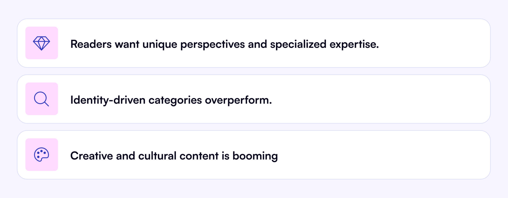 Three key insights for creators in 2025 highlighting that readers want unique expertise, identity-driven content performs strongly, and creative or cultural content continues to grow.