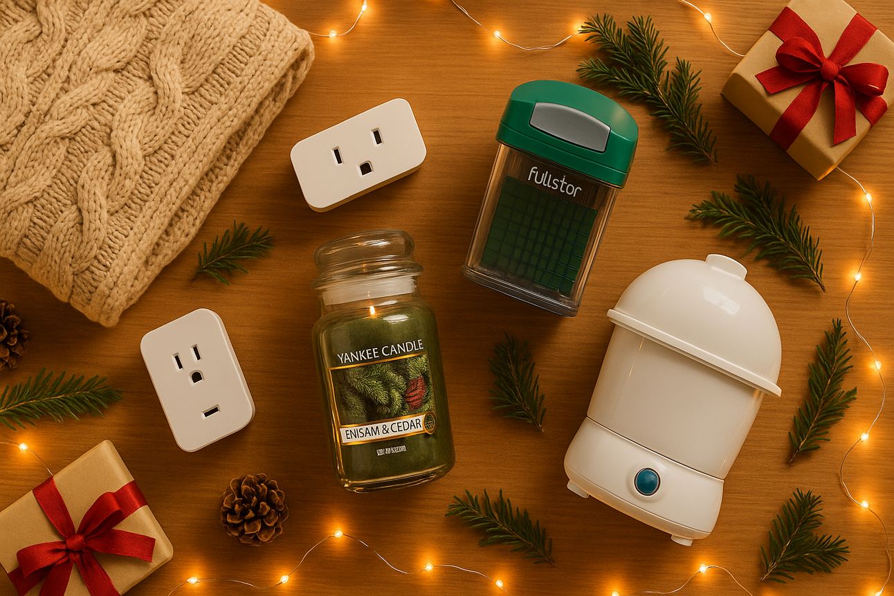 A warm holiday flat lay featuring cozy home essentials under $50, including a beige knit throw blanket, two white smart plugs, a green Yankee Candle labeled “Balsam & Cedar,” a Fullstar vegetable chopper, and a white egg cooker, all arranged on a wooden surface with evergreen sprigs, pinecones, wrapped gifts, and glowing string lights.