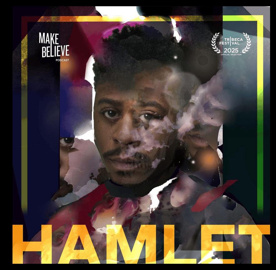 A young Black man with a small mustache and short hair looks straight into camera from the middle of a black square. HAMLET is at the bottom in yellow letters. The Make Believe Media logo is in the upper left corner.