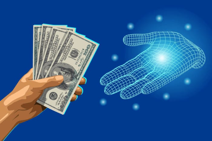 A digital illustration showing a human hand holding US dollar bills extended toward a glowing wireframe hand, symbolizing the high financial costs of artificial intelligence and cloud services.