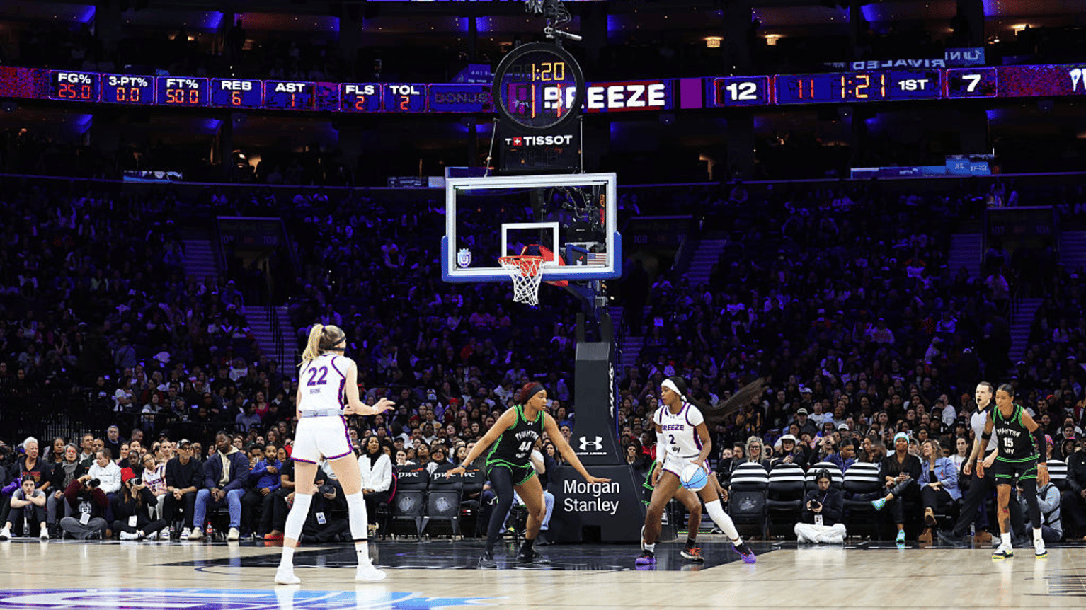 Rickea Jackson #2 of the Breeze controls the ball against the Phantom during the first half of the Unrivaled 2026 game at Xfinity Mobile Arena on January 30, 2026 in Philadelphia, Pennsylvania.