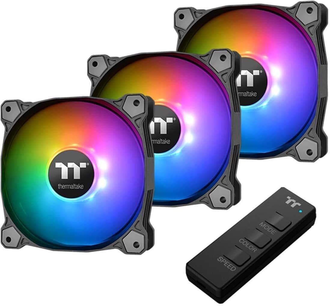 Thermaltake Pure 12 ARGB – The Colorful Choice A 120mm RGB fan with a bold LED ring, flashing bright colors inside a playful, colorful PC setup perfect for Genshin Impact fans.