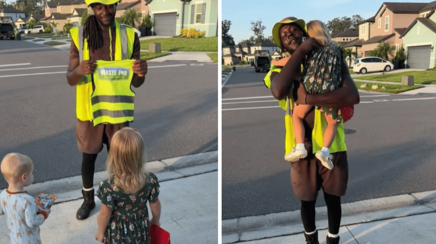 Images show a garbage man saying goodbye to two of his favorite "customers" before the city automates trash removal.