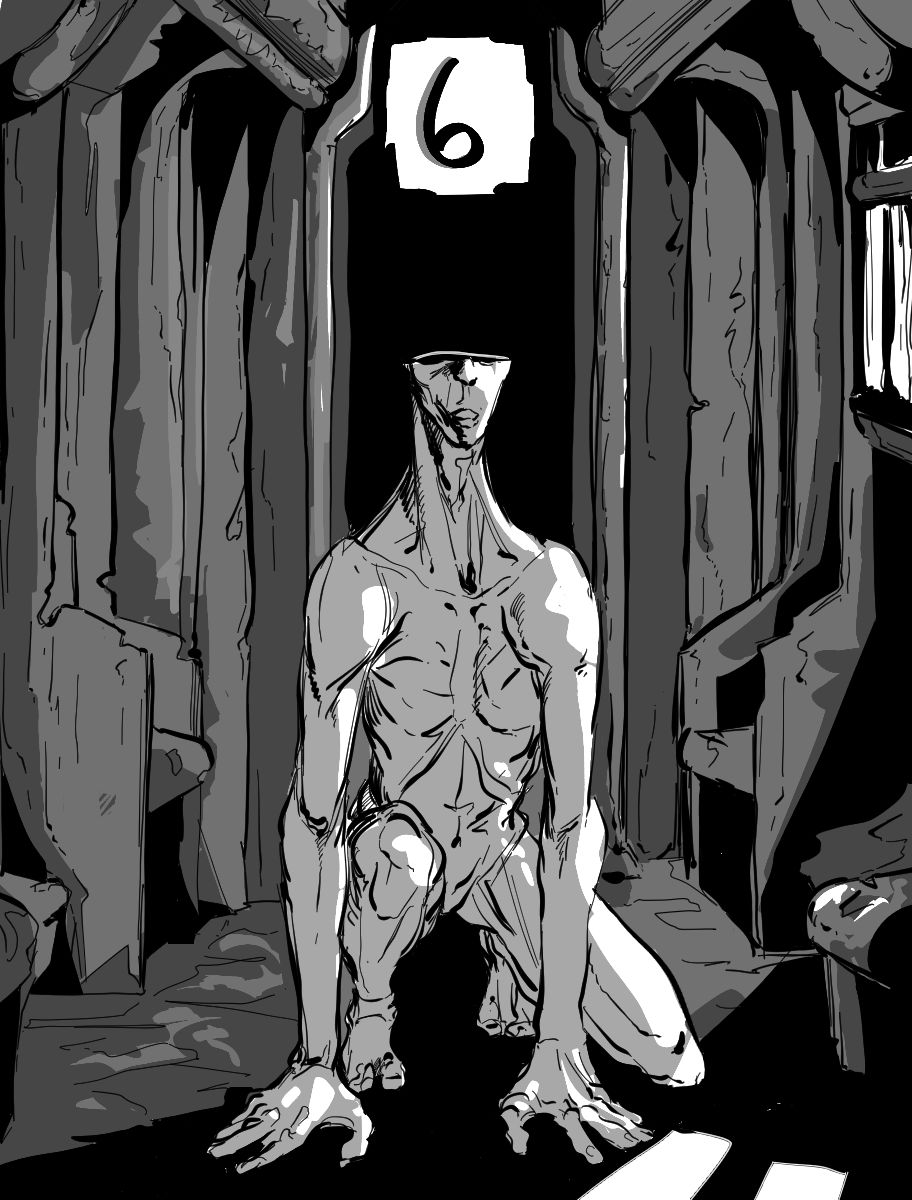 Desenho em preto e branco. Ele mostra um ser humanoide agachado com duas mãos no chão e olhando para o espectador. Ele não possui roupa ou órgãos sexuais, é magro e a parte de sua cabeça acima do nariz não existe. Ao redor da criatura está um vagão de metrô vazio, enferrujado e desgastado pelo tempo. No topo da imagem há o número seis para indicar o capítulo.