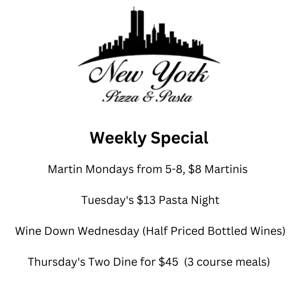 A menu of new york pizza and pasta