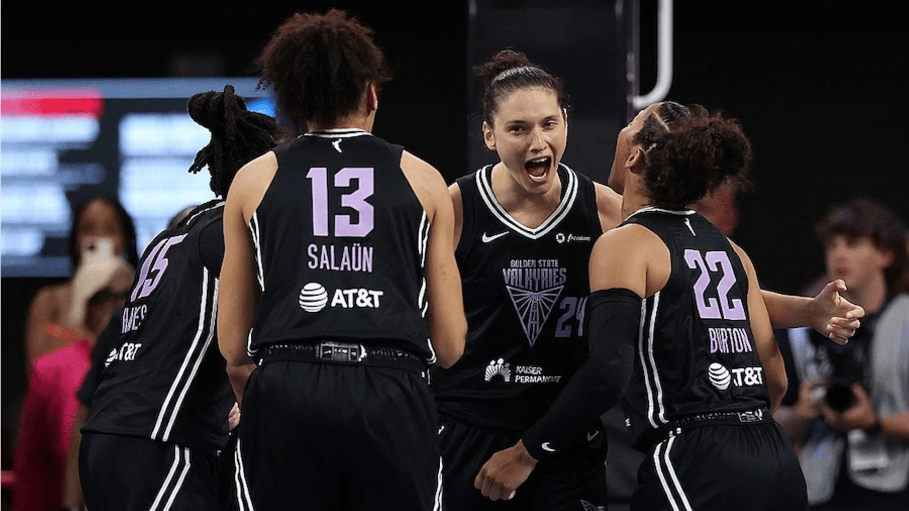  Cecilia Zandalasini #24 of the Golden State Valkyries celebrates with Veronica Burton #22, Janelle Salaun #13 and Tiffany Hayes #15 after their 77-75 win 