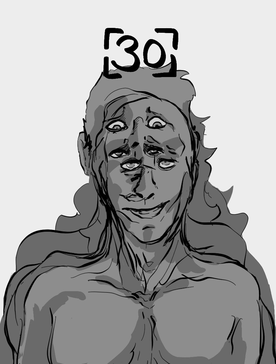 Desenho monocromático. O desenho mostra o busto de várias pessoas sobrepostas umas as outras, cada uma com expressões e olhos diferentes. Como estão semi-transparentes, é difícil saber quem está na frente e quem está atrás. No lado direito há o número trinta para indicar o capítulo.
