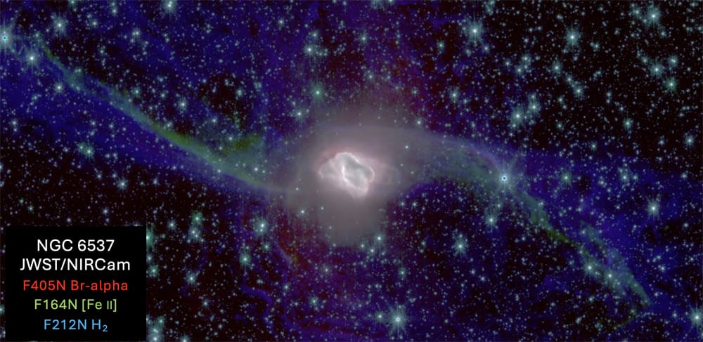 A S-shaped structure showing iron and hydrogen in the nebula.