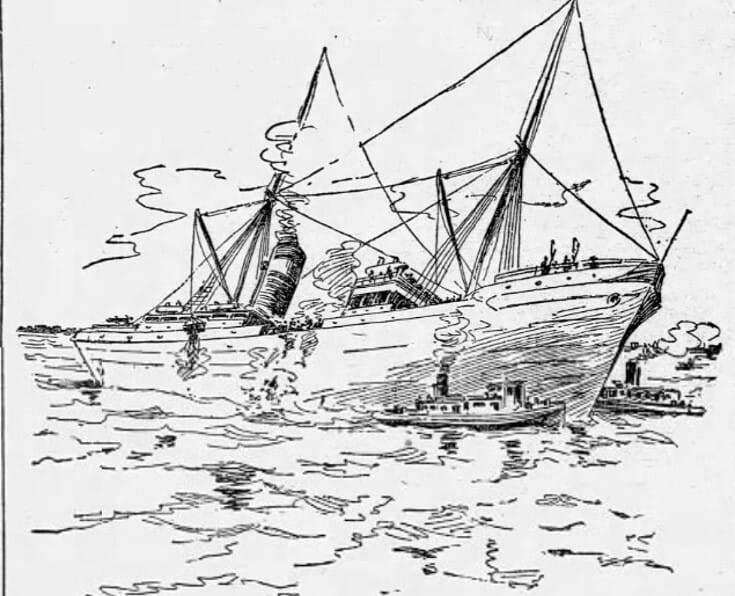 A line drawing of a steamship with masts keeled over on its side with two tiny tug boats trying to budge it