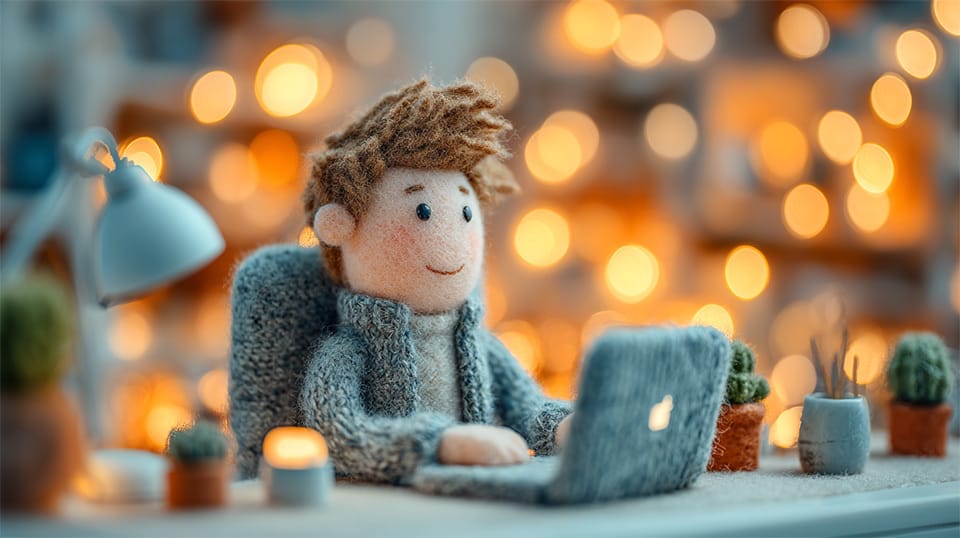 A plush felt businessperson working intently at a laptop in a softly lit, plant-filled workspace — surrounded by warm lights and productivity tools