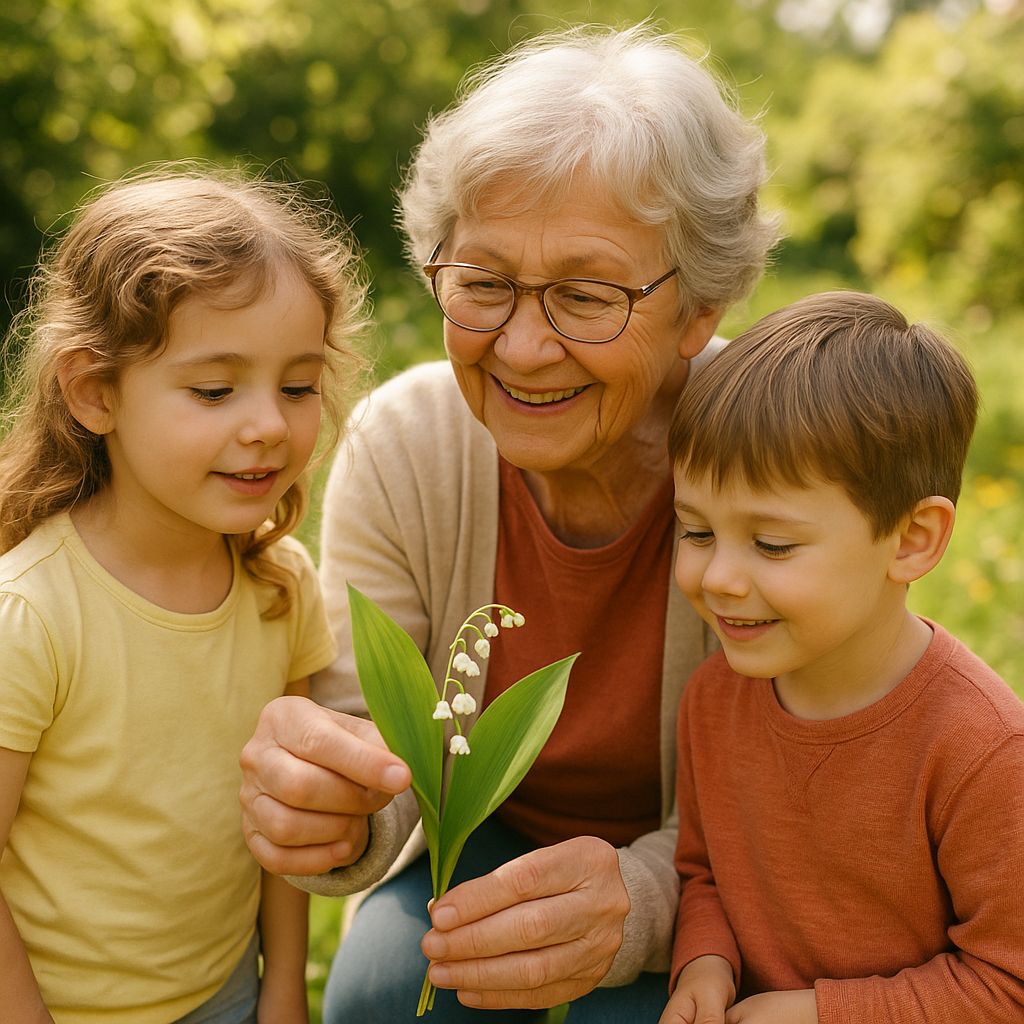 Une grand-mère montrant des fleurs de muguet à ses petits-enfants dans un jardin ensoleillé