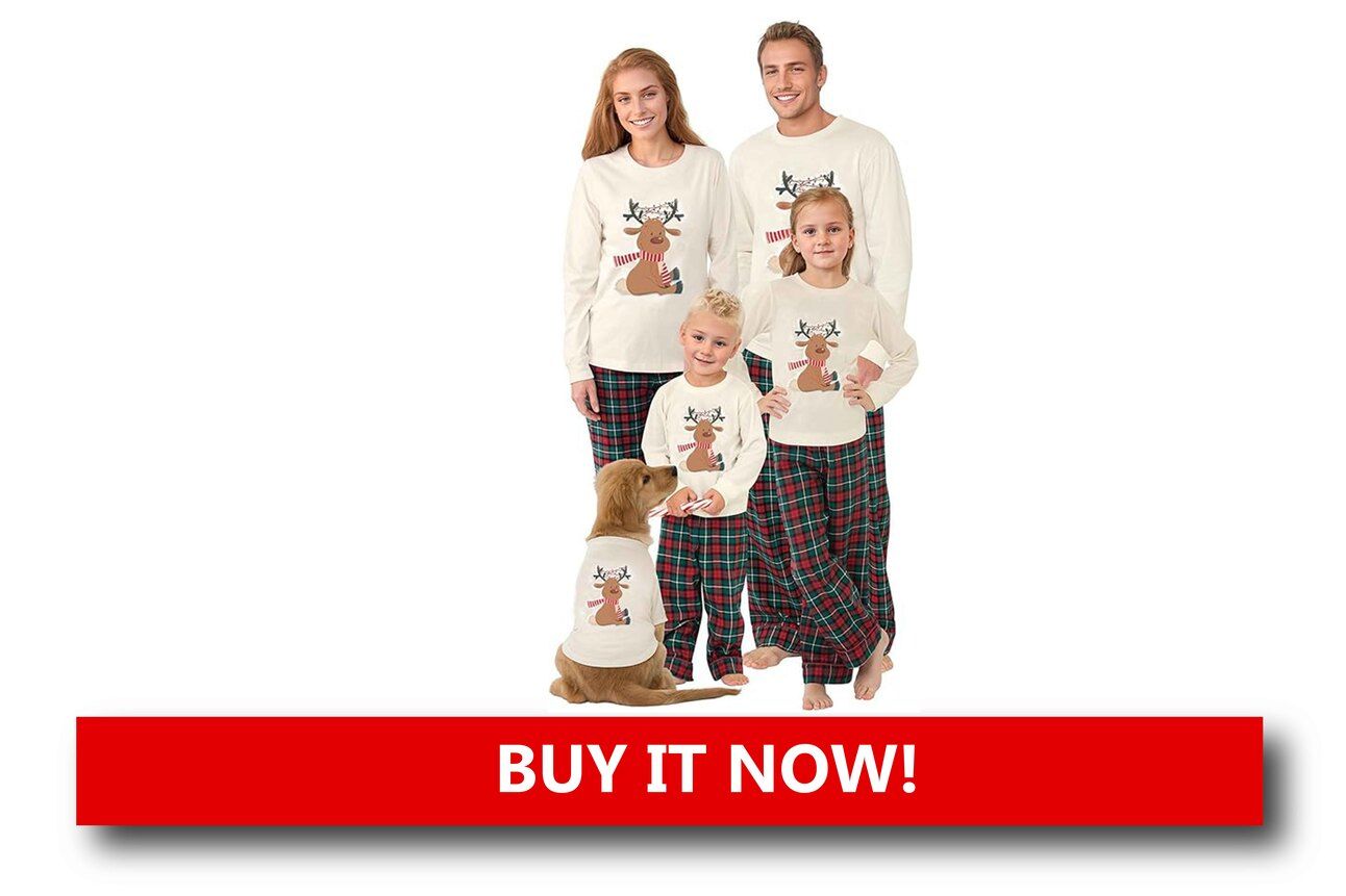 Matching Holiday Pajamas for Pets and Owners Alt text: A smiling family and their dog wearing matching red-and-white Christmas pajamas with snowflake patterns, all cuddled on the couch near a decorated tree.