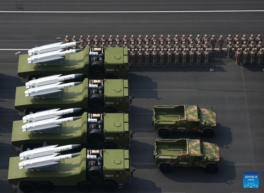 An anti-ship missile unit prepares to join the military parade held in Beijing on September 3, 2025. (Credit: Xinhua/Xu Bingjie)