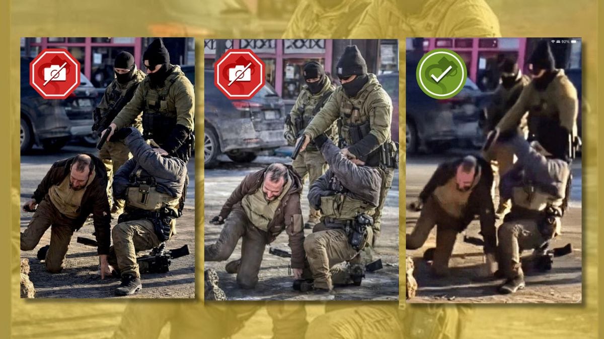 Three images show a person in uniform pointing a gun at a man's head. The two images on the left and center are clearer and have symbols indicating they're fake in the top left corners. The image on the right is more blurry and has a green checkmark in the upper left corner.