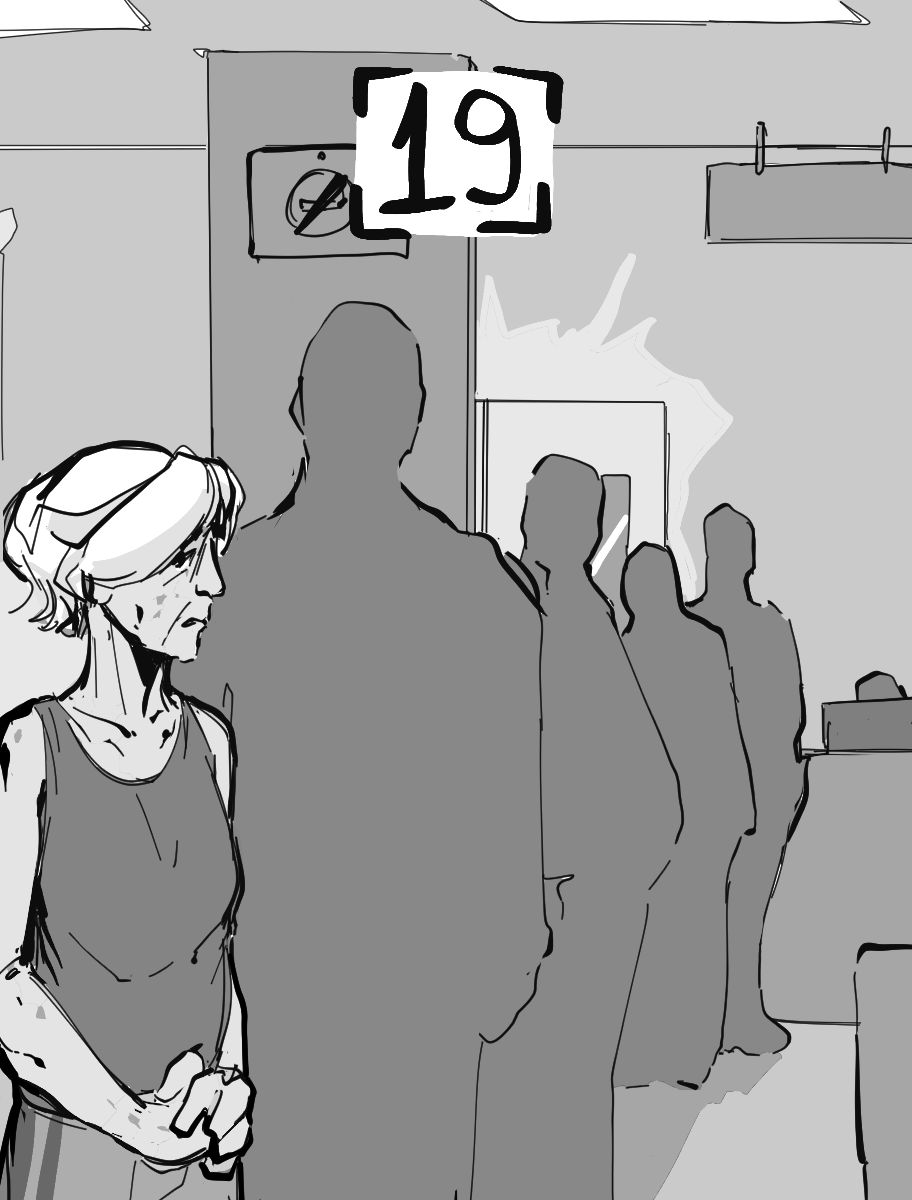 Desenho monocromático. O desenho mostra Dominique, uma senhora idosa e magra, utilizando uma camiseta sem mangas e calças de abrigo, em uma fila com várias pessoas. A fila leva até o balcão de uma recepção. No topo há o número dezenove para indicar o capítulo.