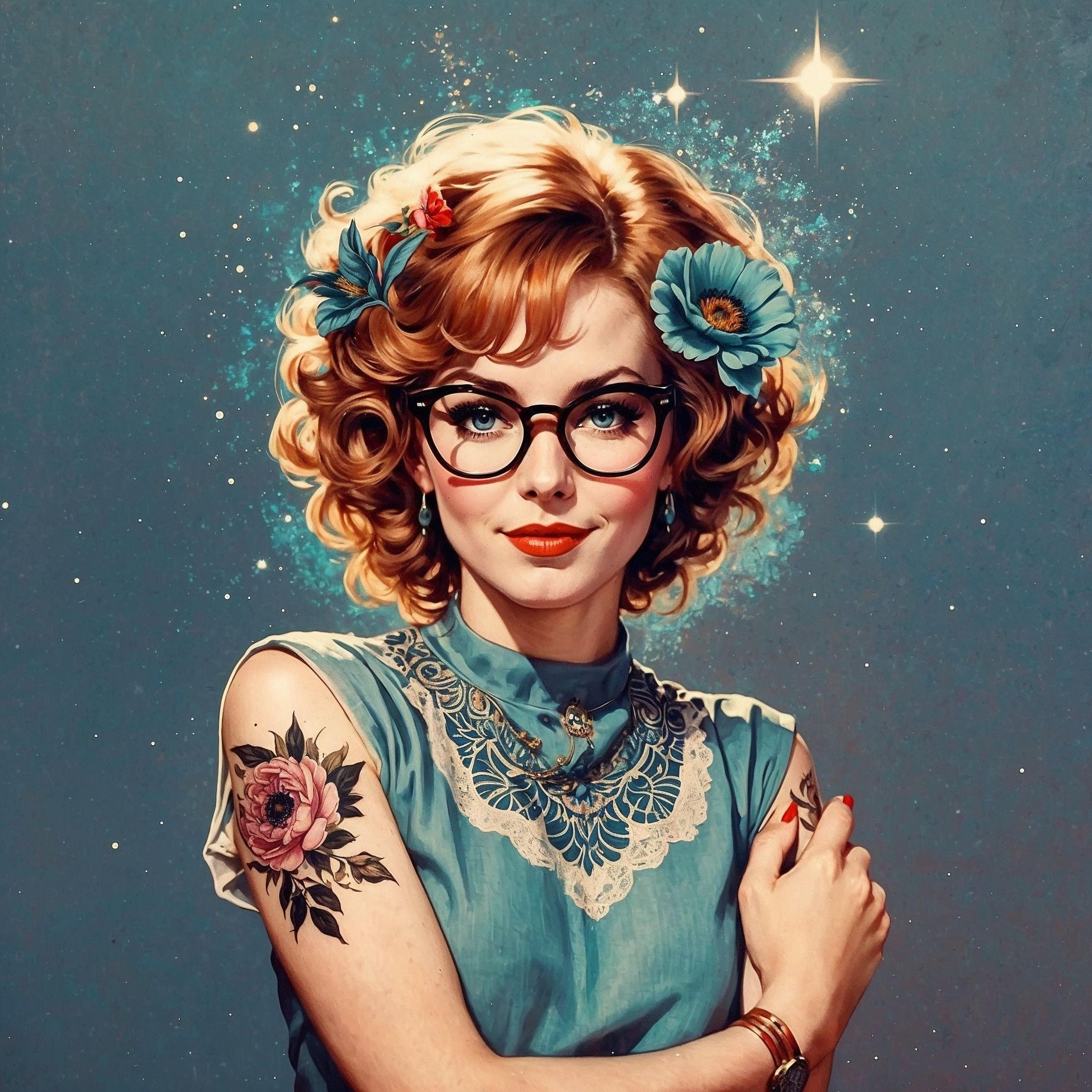 Stylized digital portrait of a red-haired woman with soft curls and floral hair accessories, wearing vintage-style glasses and a sleeveless blue dress with lace embroidery. A floral tattoo adorns her upper arm, blending classic elegance with modern expression. She stands confidently with arms crossed, against a cosmic background filled with soft starlight and ethereal sparkles. The image merges retro aesthetics with celestial and feminine symbolism.