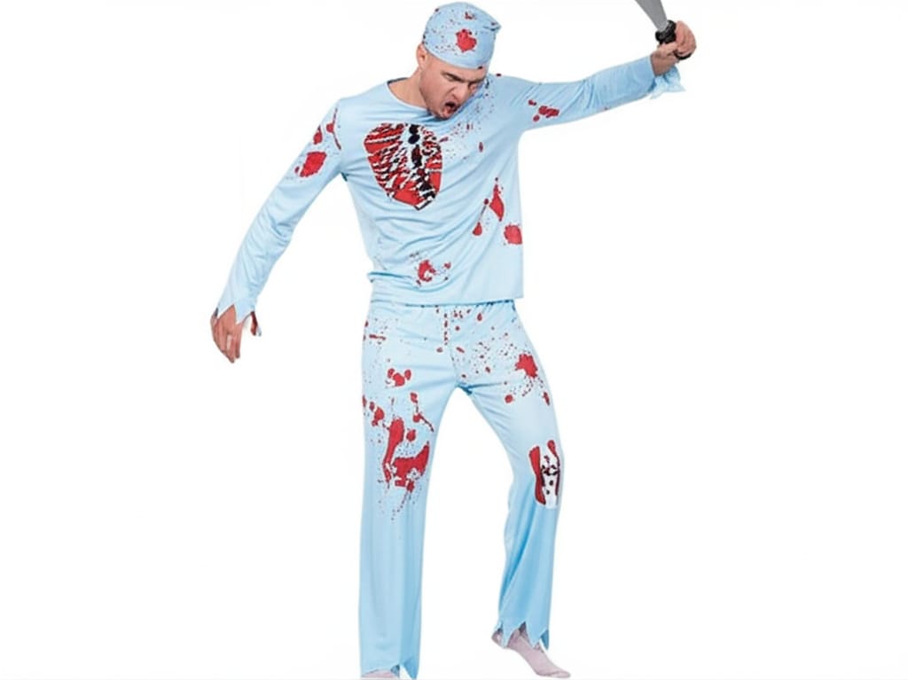 Person in a bloody surgeon Halloween costume with a surgical mask and cap, splattered with fake blood, standing against a solid white background in a landscape 16:9 aspect ratio.