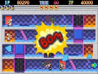 The third shows off a comic-style explosion that says "BOM" in the middle, while some weird little guys await the coming explosion.