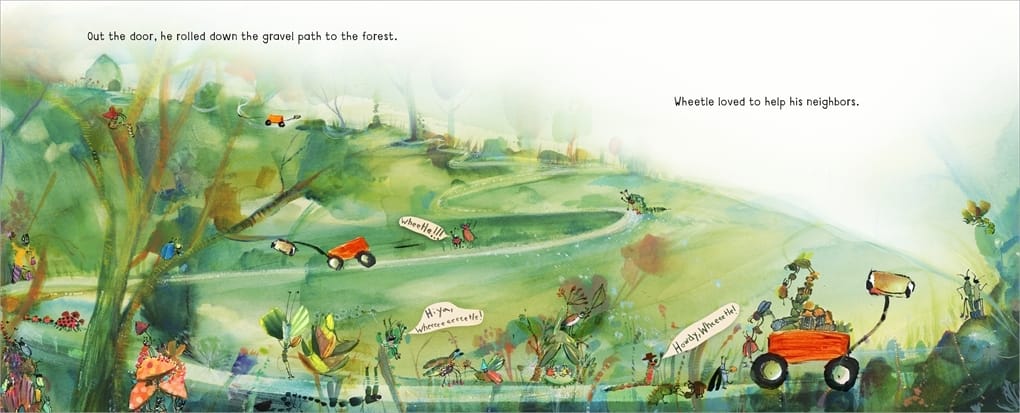 A spread from Wheetle shows the little red wagon driving down the road past many bug neighbors. Text reads, "out the door, he rolled down the gravel path to the forest. Wheetle loved to help his neighbors."