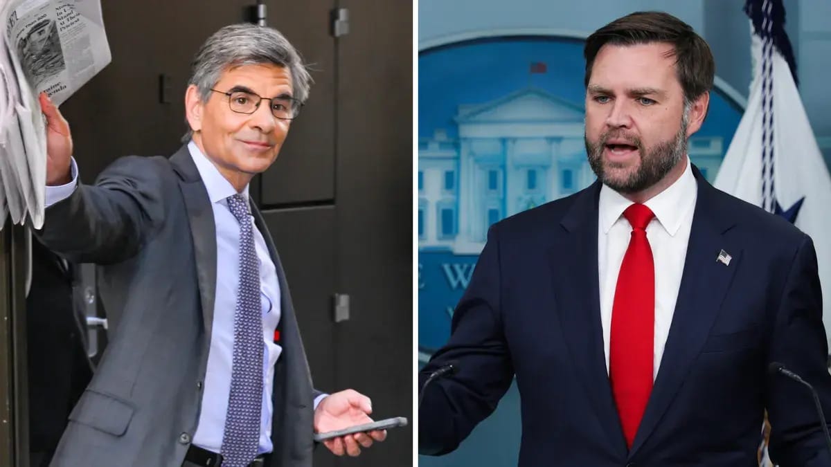 A white man holding a newspaper is pictured next to another white man who is speaking. They are seperated by a thin white line.