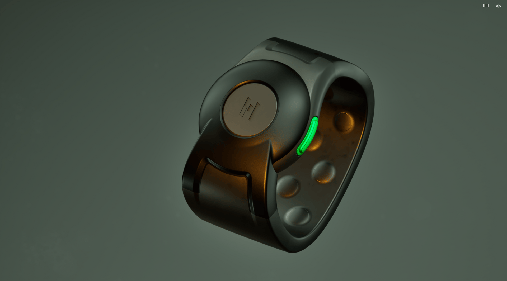 ALEYE haptic wristband in a sleek, fashion forward, color neutral finish, featuring a smooth sculpted silhouette, a glossy top face with the HapWare logo, a subtle green status light, and a tactile haptic node pattern lining the inner band.