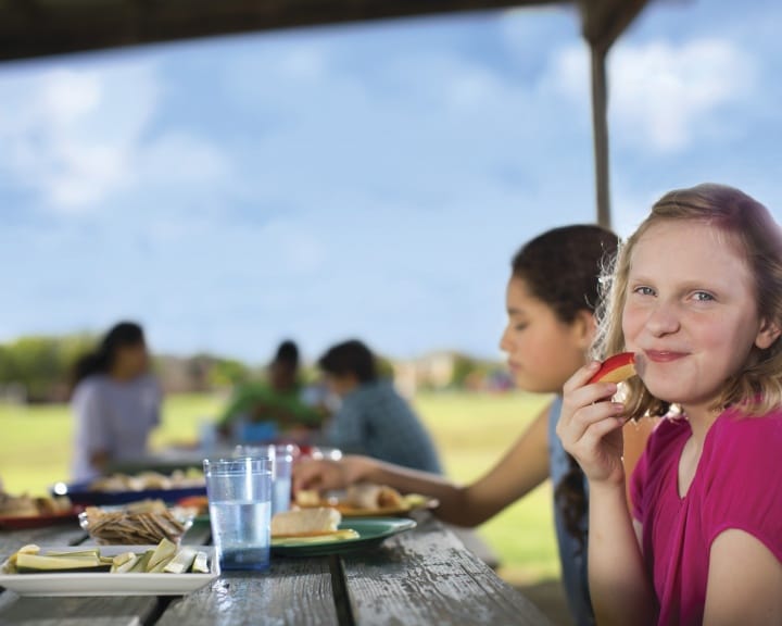 A group of children eating lunch at a picnic table under a pavilion. A girl in a pink shirt smiles while holding a slice of apple.
