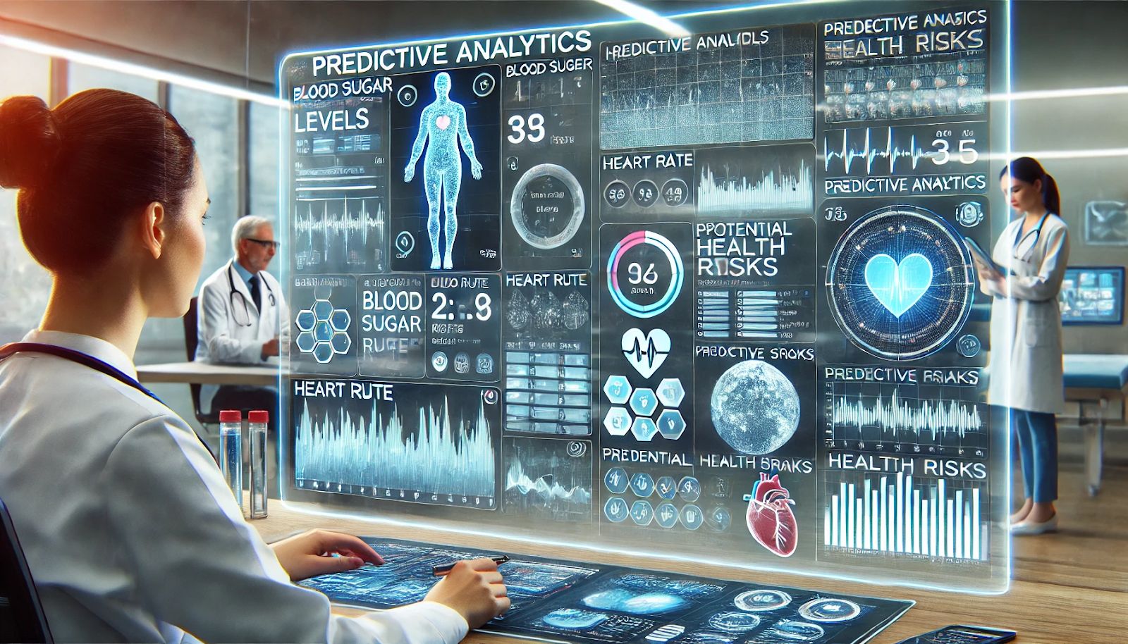 A futuristic healthcare monitoring dashboard displaying predictive analytics data, with a professional analyzing patient health metrics and potential risks in a high-tech environment.