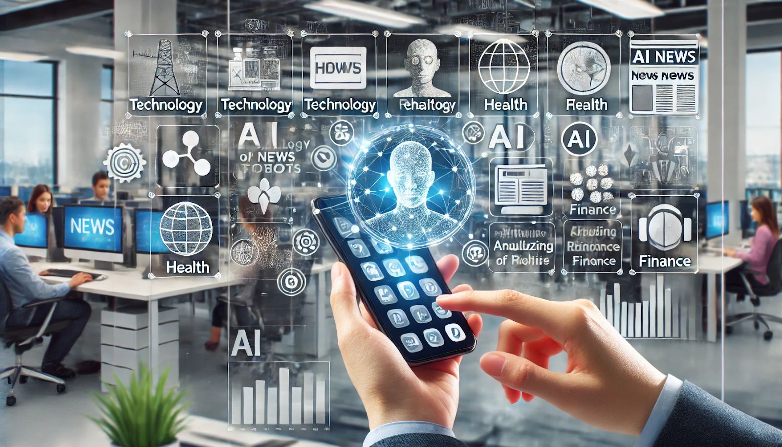 A user interacting with a mobile device showing a personalized news feed, tailored by AI technology based on their reading habits. Icons of various news topics such as technology, health, and finance are dynamically arranged on the screen. In the background, a newsroom with journalists working and AI systems analyzing user data to curate content.