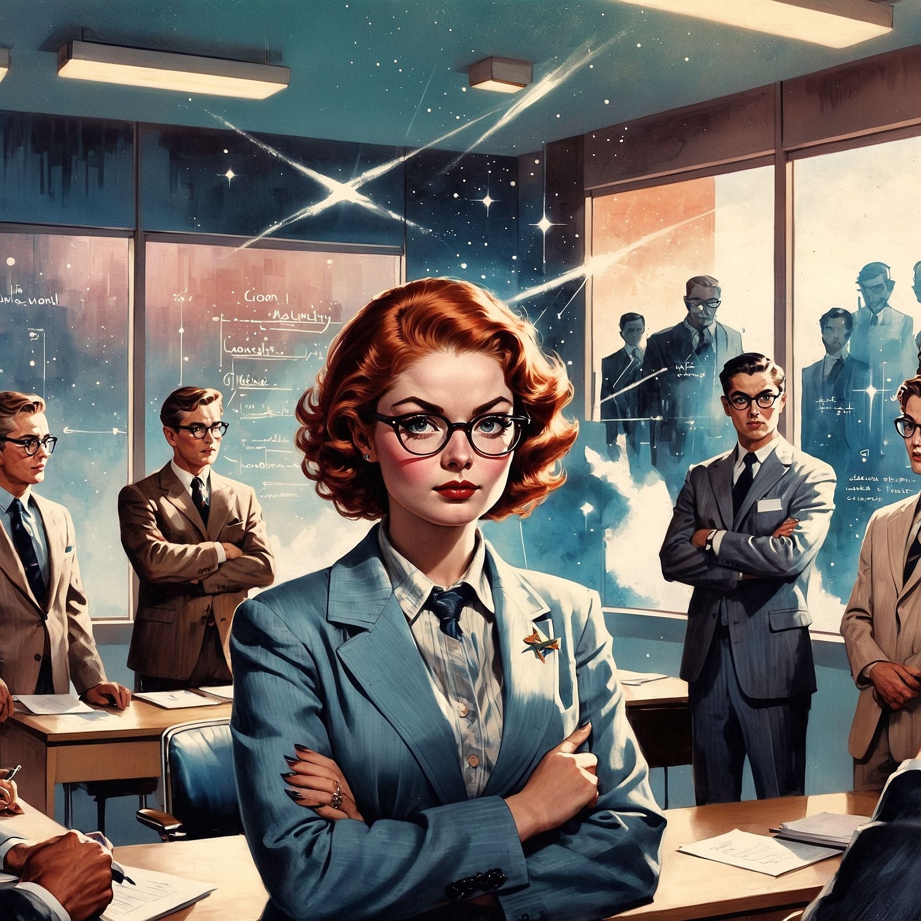 Stylized digital illustration of a confident red-haired woman in a light blue suit and glasses, standing with arms crossed at the front of a classroom or boardroom filled with suited men. Behind her, chalkboard-like glass walls display handwritten notes and cosmic visuals, blending stars, constellations, and equations. The scene evokes themes of leadership, intelligence, and trailblazing in a mid-century, space-age setting. The woman wears a star-shaped pin, symbolizing brilliance and authority in a male-dominated environment.