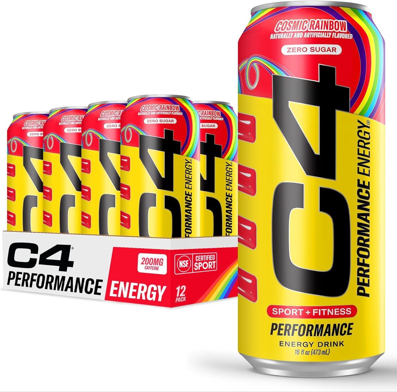 Cellucor C4 Performance Energy Drink (Cosmic Rainbow) Colorful 12-pack of C4 Performance energy drinks on a counter, with one can open and chilled—vibrant, zero-sugar fuel for high-energy workouts or gaming grinds.
