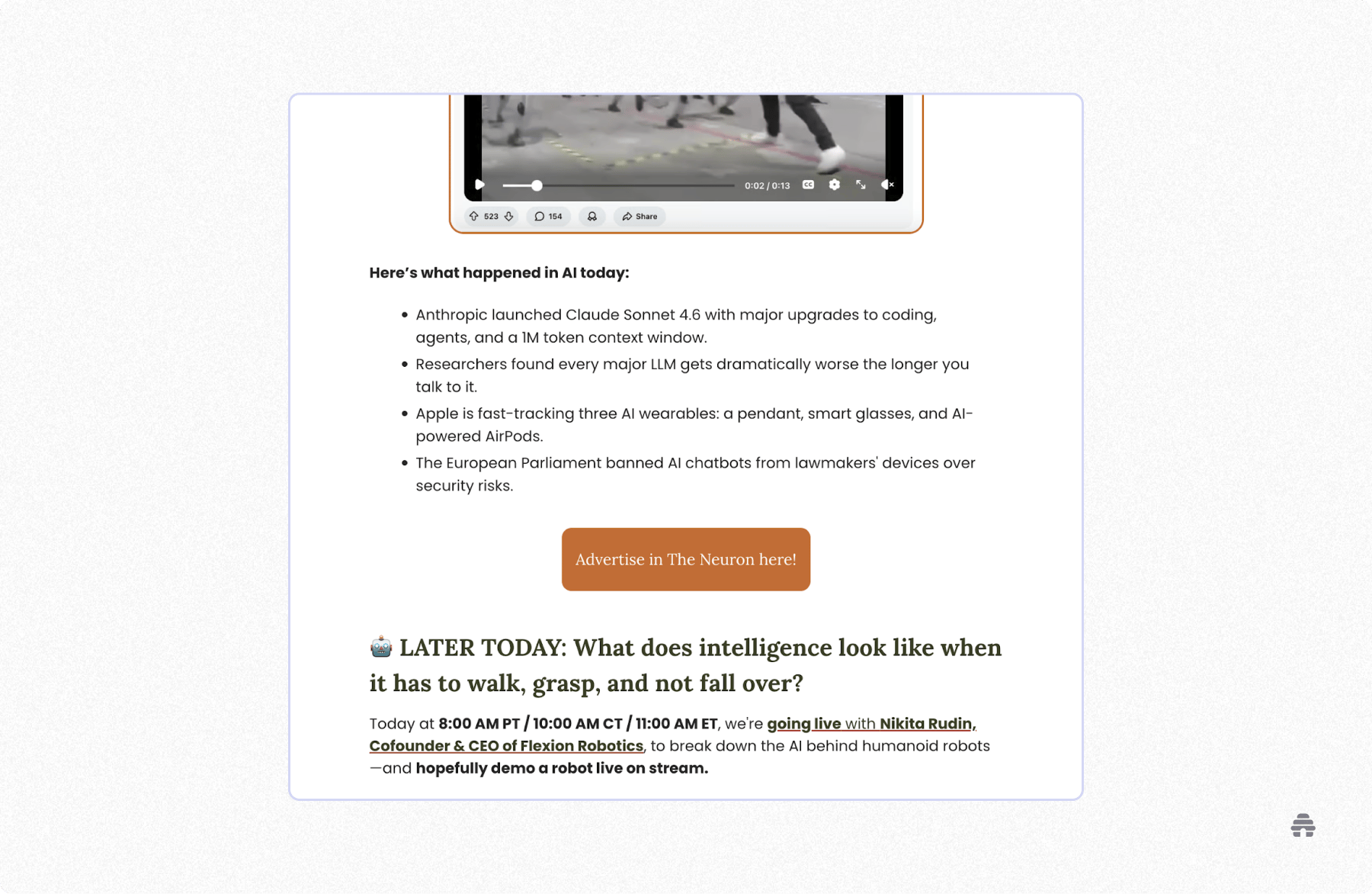Screenshot of a beehiiv-style AI newsletter with curated news highlights, embedded media, and a call-to-action ad placement, illustrating content-driven audience engagement and monetization.